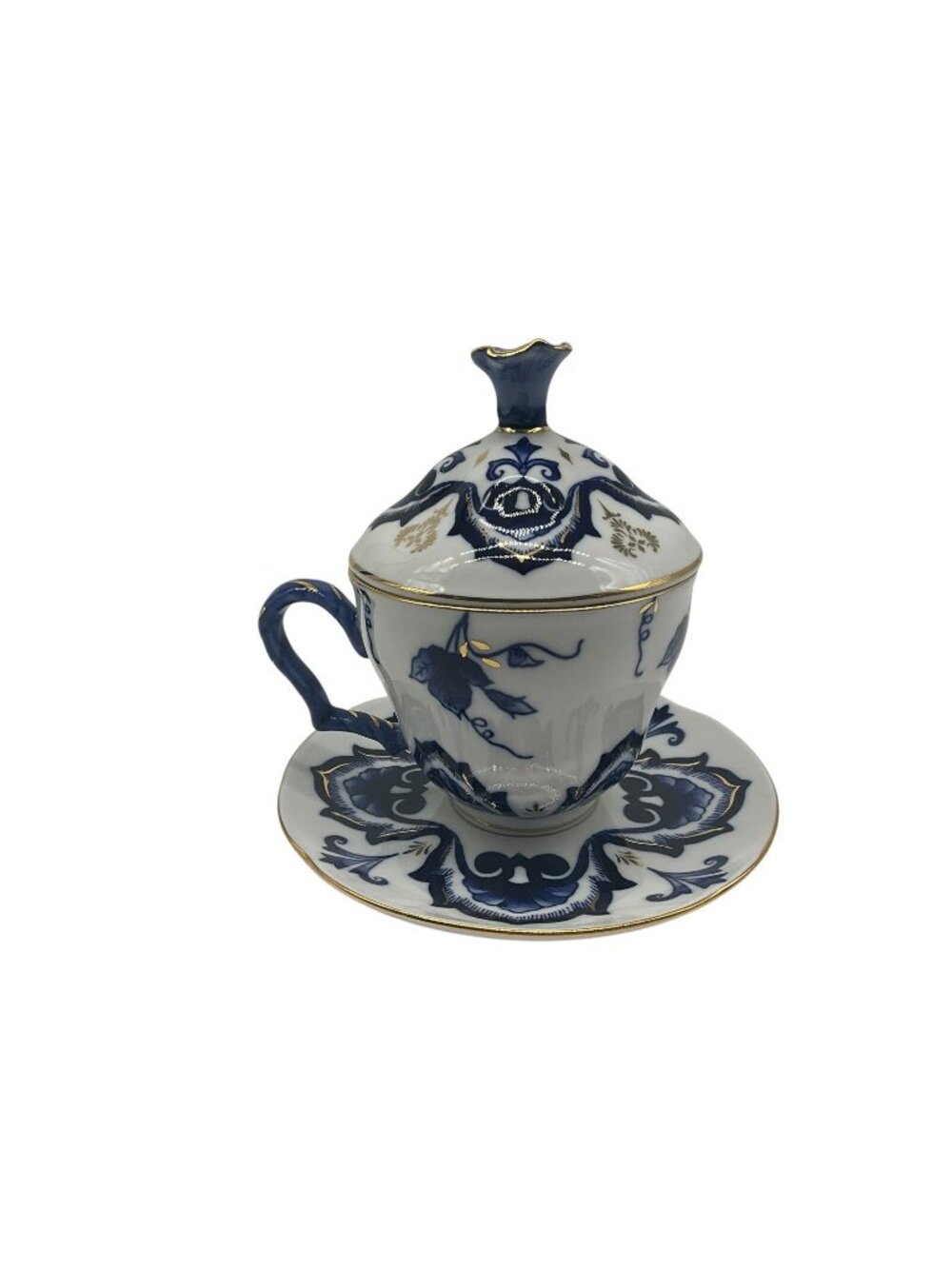 Bombay Company VTG Lidded Teacup and Saucer Set Collectible Blue/White Floral #4